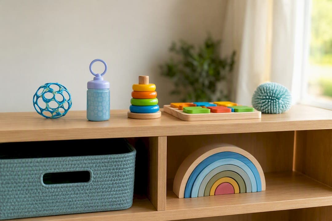 Varied child reinforcers arranged on shelf