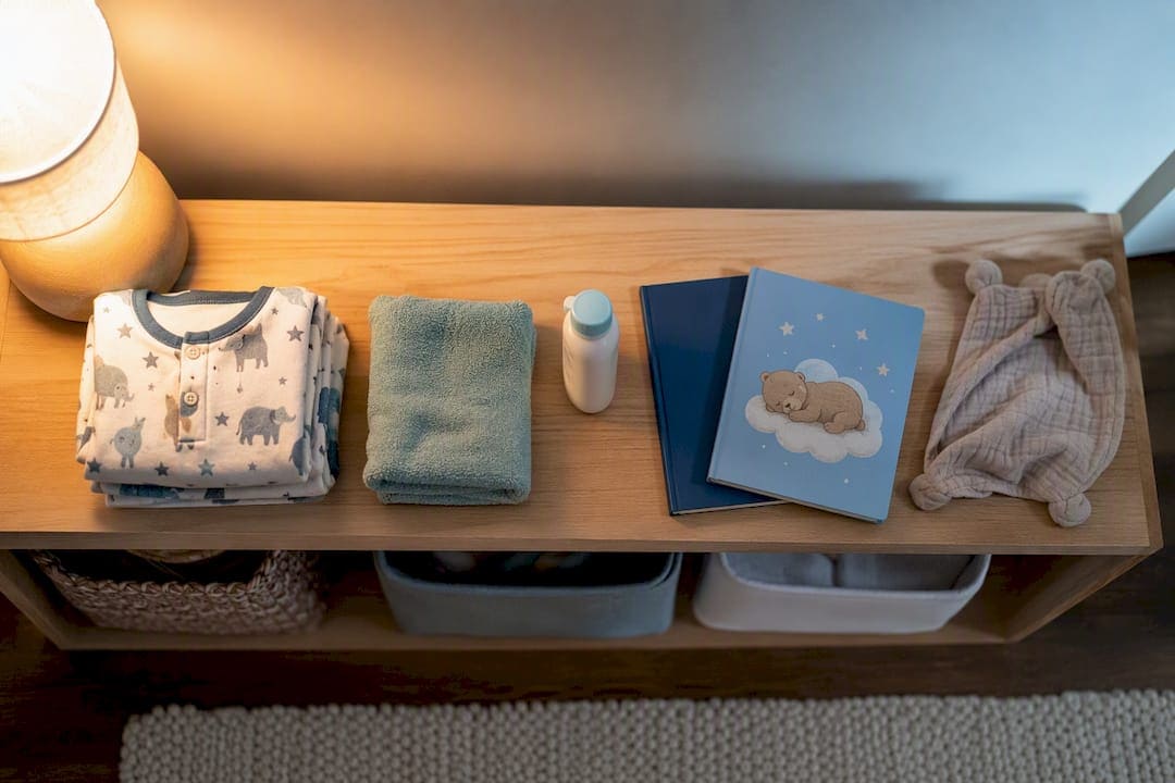 Toddler bedtime routine items arranged sequentially
