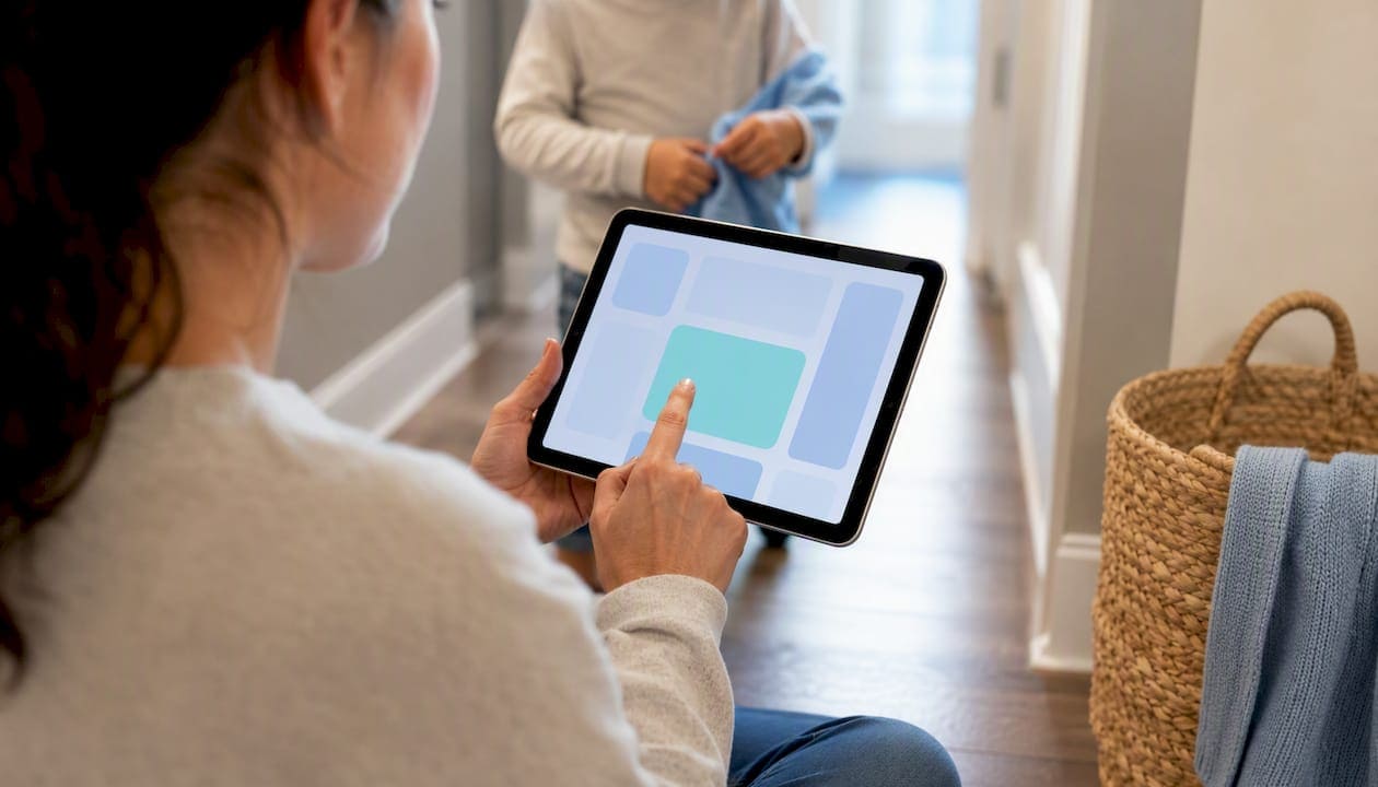 Caregiver recording task data on tablet