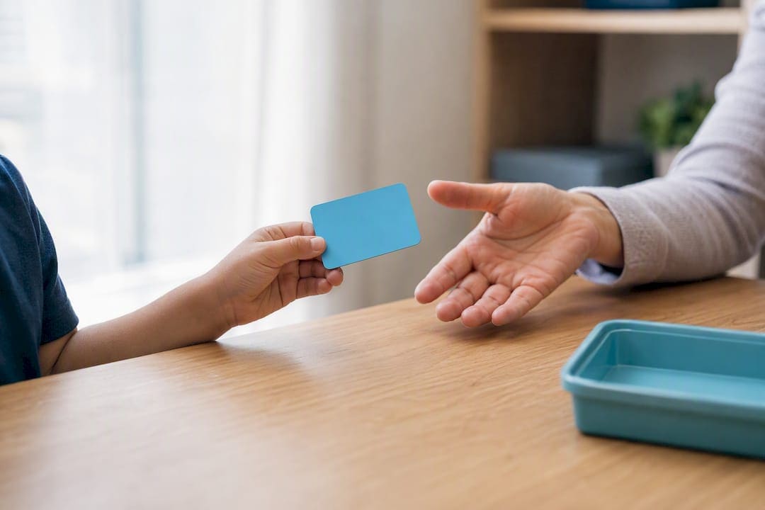 Child handing caregiver a communication card