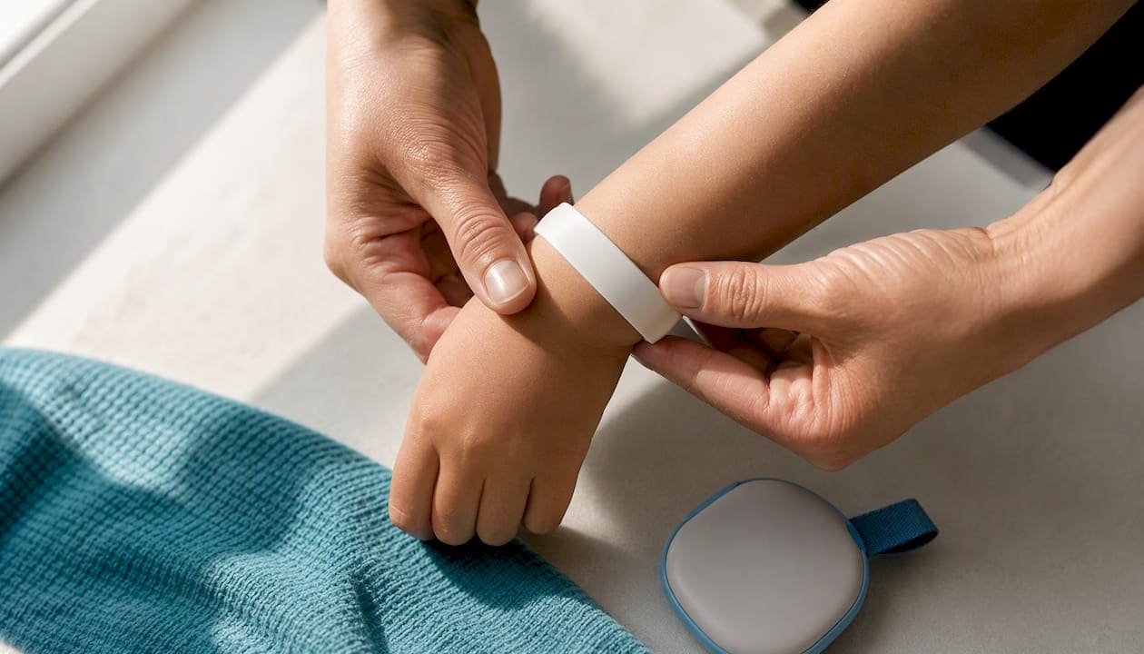 Caregiver fastening an identification bracelet