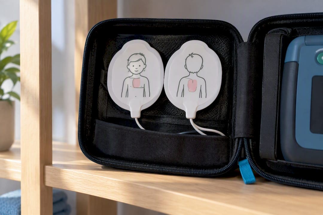 Pediatric AED pads stored inside emergency case