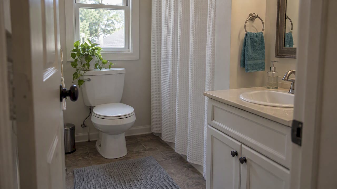 Uncluttered bathroom with calm lighting and simple fixtures