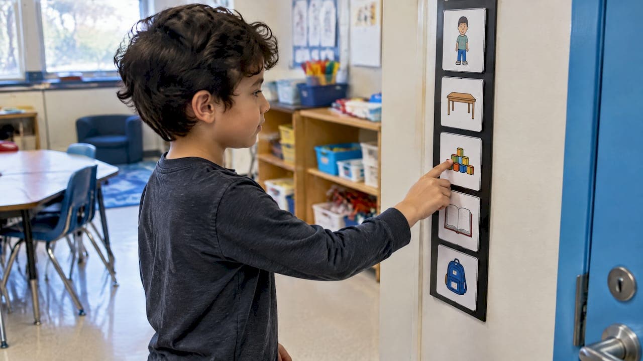 Student checks picture schedule in classroom